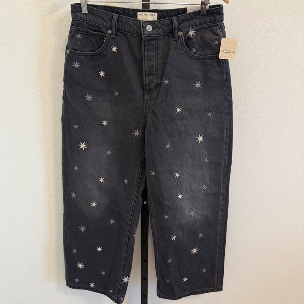 NWT Free People WTF Deep Trance Boyfriend Black Star Embellished Jeans Sz29 Boho